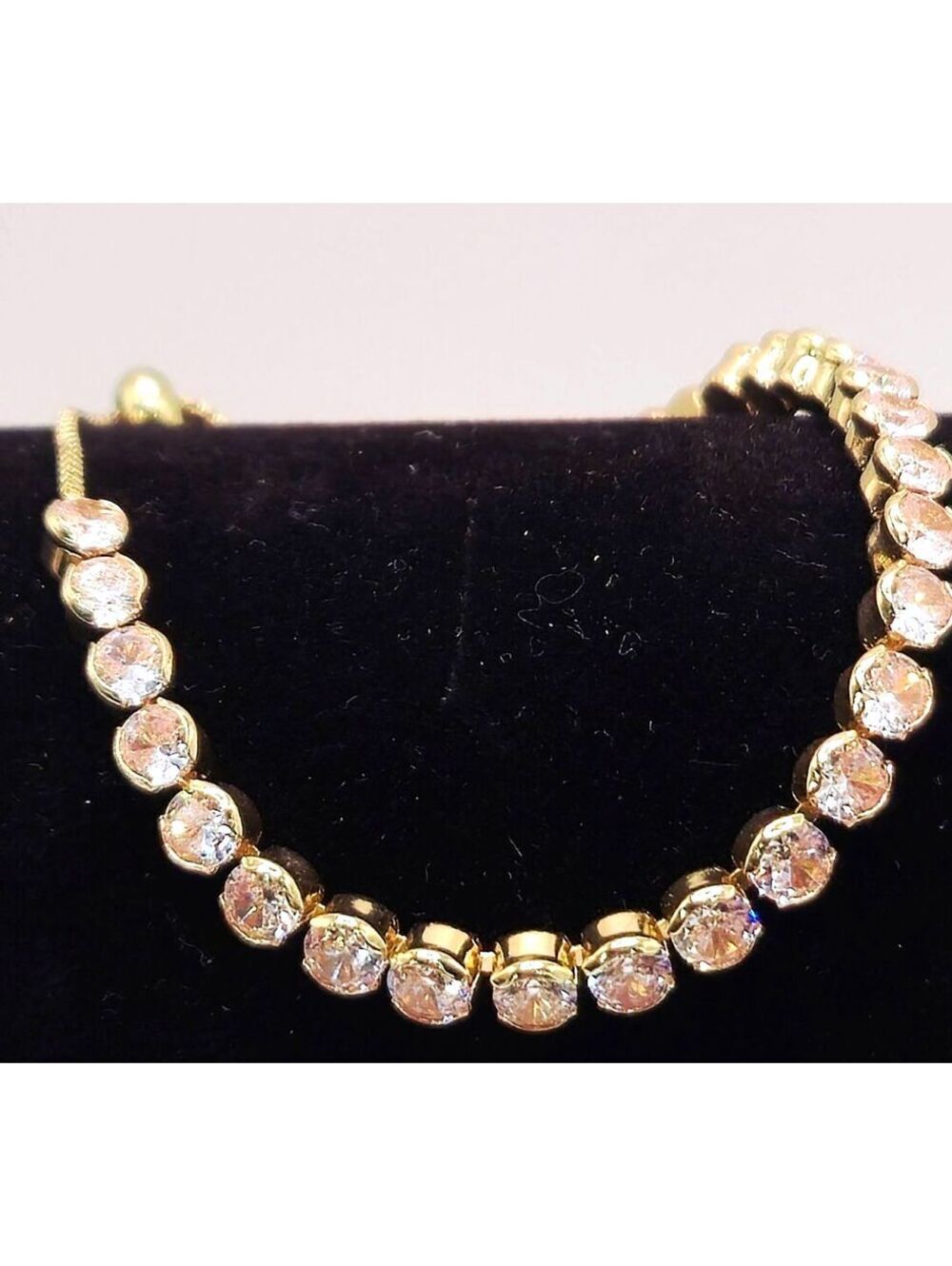 Gold Tone Adjustable Tennis Bracelet Clear Crystal Rhinestone Bolo Slider